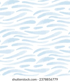 Light blue wave strokes of watercolor paint, sea seamless pattern. Ocean texture, pastel navy background.