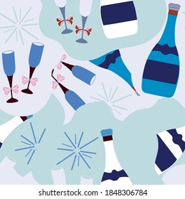 Light blue with whimsical celebration champagne bottle and drinking glass seamless pattern background design.