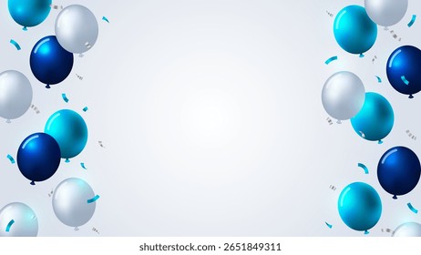 Globos azules, azules y blancos con confeti que cae en la Plantilla de fondo blanca y gris para el cumpleaños, la celebración, la graduación, los acontecimientos del aniversario o el negocio