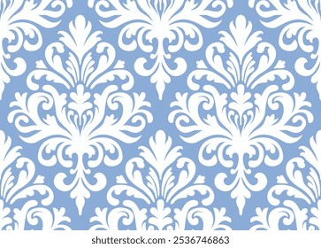 Light blue and white damask pattern with elegant floral motifs. Damask seamless pattern.