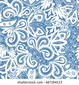 Light Blue and White ethnic seamless pattern in paisley style. Damask or tribal print design for web, textile, wallpapers and more