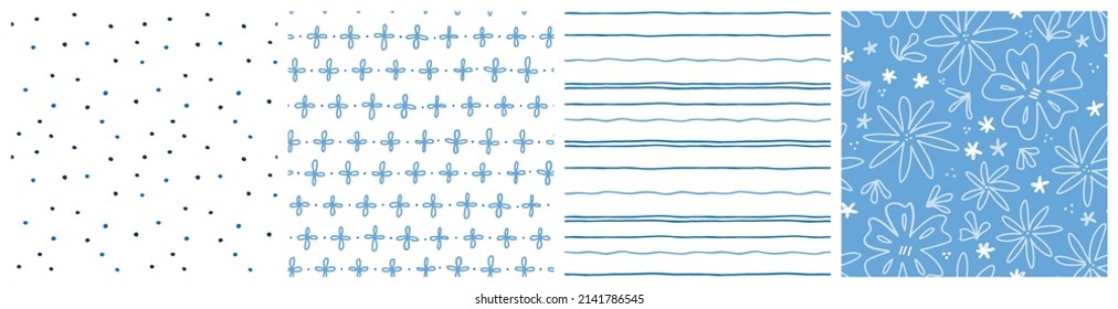 Modalidades sin costuras florales en blanco y azul claro, combinadas con diseños mínimos coordinados al estilo de una casa de campo. Diseño vectorial de ropa de cama rural con flores y líneas.