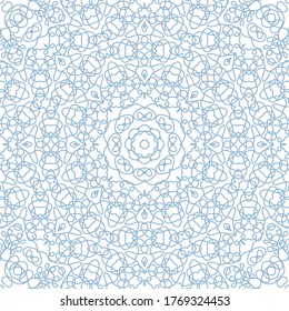Patrón geométrico sin soldadura de color azul claro, impresión batik con elementos florales. Bonito ornamento de rustec.