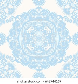 Light blue and white geometric seamless pattern. Wallpaper with decorative circle mandalas. Indian geometric ornament