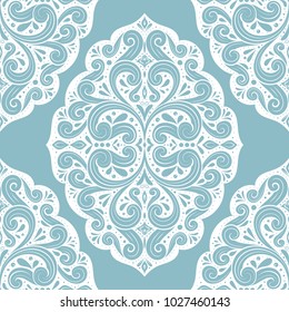 Light blue and white ornamental seamless pattern. Vintage, paisley elements. Ornament. Traditional, Ethnic, Turkish, Indian motifs. Great for fabric and textile, wallpaper, packaging