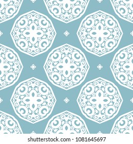 Light blue and white ornamental seamless pattern. Vintage, paisley elements. Ornament. Traditional, Ethnic, Turkish, Indian motifs. Great for fabric and textile, wallpaper, packaging