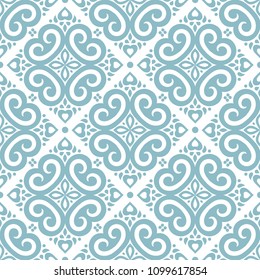 Light blue and white ornamental seamless pattern. Vintage, vector elements. Ornament. Traditional, Ethnic, Turkish, Indian motifs. Great for fabric and textile, wallpaper, packaging