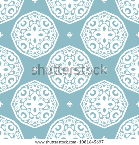 Light blue and white ornamental seamless pattern. Vintage, paisley elements. Ornament. Traditional, Ethnic, Turkish, Indian motifs. Great for fabric and textile, wallpaper, packaging