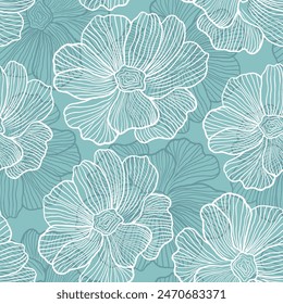Patrón de garabato sin fisuras de Vector blanco y azul claro con flores. Diseño decorativo de flores sobre fondo blanco. Patrón para el diseño de la tela, Fondos de pantalla.