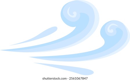 Light blue wind flowing from left to right, swirling into graceful spiral shapes, evokes a sense of movement and freshness against a clean white background