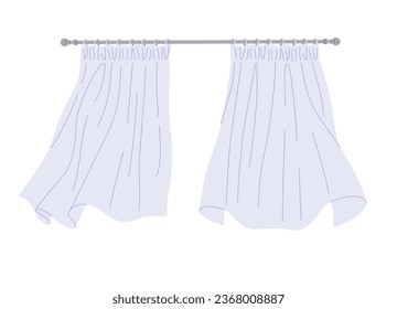 Light blue window curtains flutter in the wind isolated on white. Two curtains hanging on the rod. Element for room interior. Simple vector flat illustration.  svg