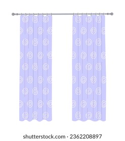 Light blue window curtains with minimalist print in pastel colors isolated on white. Two curtains with pattern hanging on the rod. Element for room interior. Simple vector flat illustration. svg