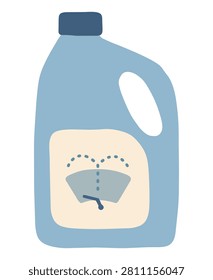 Light blue windshield washer fluid bottle with a dark blue cap, built-in handle and cream label featuring a windshield wiper and spray symbol, shown from the front and isolated on a white background.