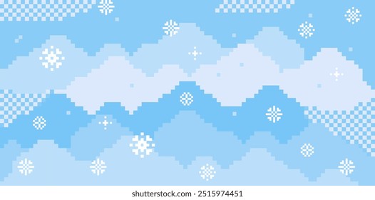 Light blue winter background with falling snow, mountains, sky in pixel art. Christmas, Xmas, New Year trendy pixel design. Abstract beautiful winter landscape, snowflakes. Vector horizontal backdrop