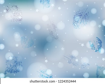 Light blue winter background with frozen leaves, lights and stars. Abstract background in light blue and white colors for card, wallpaper, banner, poster. Suitable for winter, Xmas, New Year. EPS 10