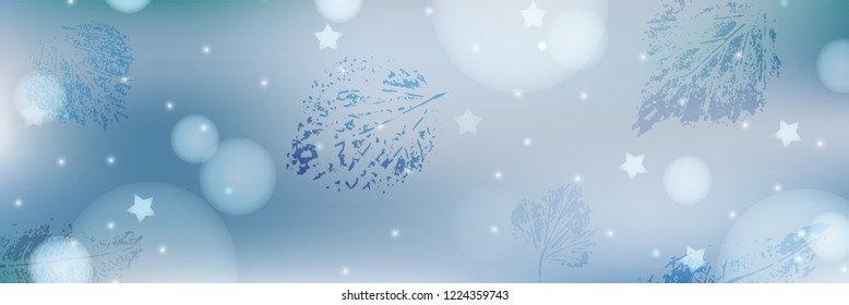 Light blue winter background with blue frozen leaves, lights and stars. Abstract background in light blue and white colors for banner, poster, card, e-mail. Suitable for Christmas, New Year. EPS 10
