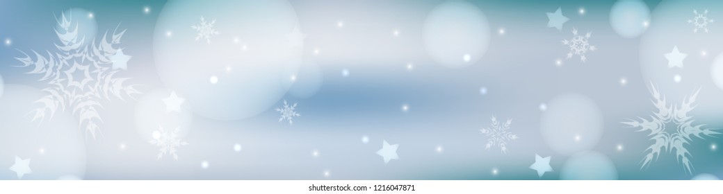 Light blue winter background with snowflakes, lights and stars. Abstract holiday background in light blue and white colors for banner, poster, postcard, wallpaper. Suitable for New Year and Christmas.