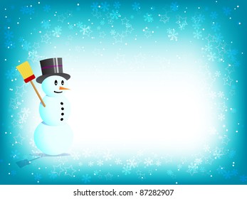 Light blue winter background with snowman and copy-space