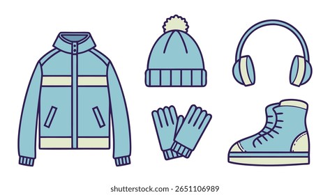 Light Blue Winter Outfit Icons Jacket Hat Gloves Boots Headphones