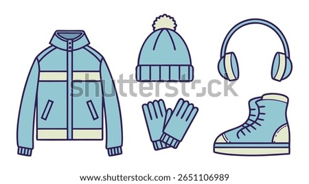 Light Blue Winter Outfit Icons Jacket Hat Gloves Boots Headphones