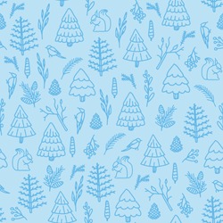 Light Blue Winter Seamless Pattern. Hand Drawn Linear Christmas Trees, Spruce, Cones, Squirrel, Tit, Woodpecker, Nature Elements. Vector Background. Wrapping, Textile, Paper, Print Template.