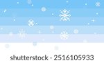 Light blue winter sky background with falling snow in pixel art. Christmas, Xmas, New Year trendy pixel design. Abstract beautiful winter landscape, snowflakes. Vector gradient horizontal pattern