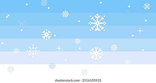 Light blue winter sky background with falling snow in pixel art. Christmas, Xmas, New Year trendy pixel design. Abstract beautiful winter landscape, snowflakes. Vector gradient horizontal pattern