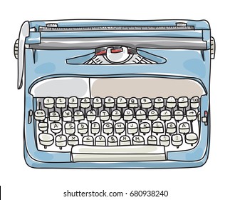 Light Blue Working Typewriter   hand drawn vector cute art illustration