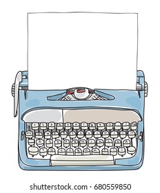 Light Blue Working Typewriter with paper  hand drawn vector cute art illustration