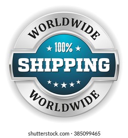 Light blue worldwide shipping badge with silver border on white background