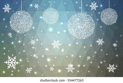 Light Blue Yellow christmas postcard low polygon background. Vector illustration consisting of triangles. Abstract triangular polygonal origami or crystal design of New Year celebration.