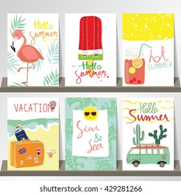 Light blue yellow collection for banners,Flyers,Placards with sun,passport,sea,ice cream and flamingo