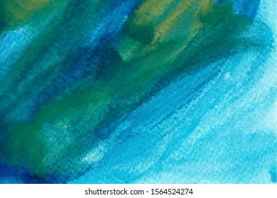 Light blue and yellow colorful watercolor abstract vector background. Hand drawn sky blue and green brush strokes, blobs, gradient. Flamboyant brush strokes, bright dyes wallpaper, turquoise texture