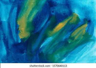 Light blue and yellow colorful watercolor abstract vector background. Hand drawn sky blue and green brush strokes, blobs, gradient. Flamboyant brush strokes, bright dyes wallpaper, turquoise texture