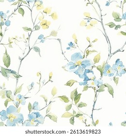 Light blue and yellow dogwood floral watercolor wallpaper, watercolor flower seamless pattern. Watercolor print in rustic vintage style, textile or wallpaper.  