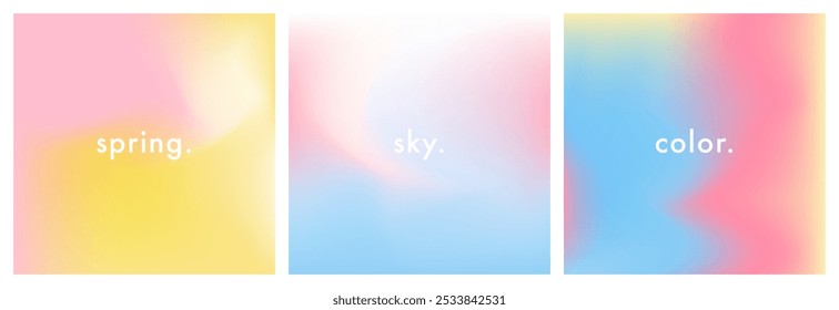 Light blue, yellow and rose pink gradient background. Abstract romantic sky texture. Relax. Wave gradation pattern. Aesthetic bg. Set of 3 square vector gradient background for poster, ig, social post