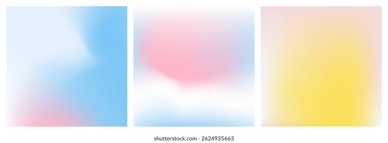 Light blue, yellow and rose pink gradient background. Abstract romantic sky texture. Dreamy sky gradation pattern. Aesthetic bg. Set of 3 square vector gradient background for poster, social post
