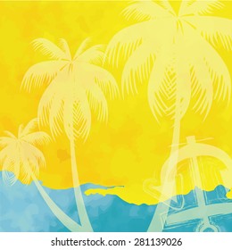light blue yellow tone with retro vintage style and isolate ship anchor and coconut palm tree in summer card.
