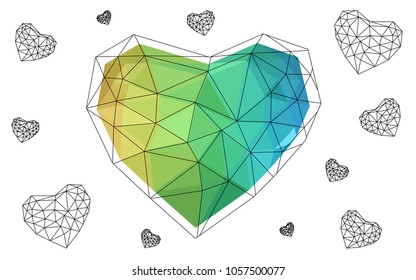 Light Blue, Yellow vector abstract Triangle Geometrical Heart on white polygonal background. Happy Valentine's Day Greeting Card. Stock template for your design.