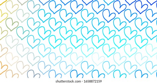 Light Blue, Yellow vector backdrop with sweet hearts. Hearts on blurred abstract background with colorful gradient. Template for Valentine's greeting postcards.