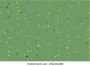 Azul claro, fondo vectorial amarillo con líneas, círculos, rhombus. Decoración de estilo abstracto con líneas, puntos, cubos. El patrón se puede usar para sitios web.