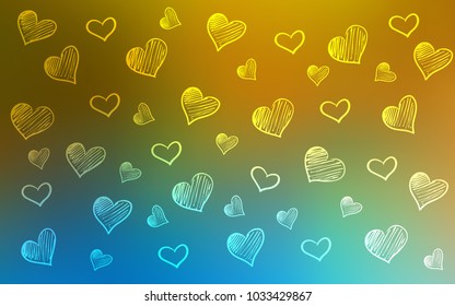 Light Blue, Yellow vector background with hearts. Beautiful colored illustration with hearts in celebration style. Template for Valentine's greeting postcards.