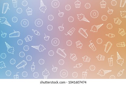 Light Blue, Yellow vector background with tasty sweets. Blurred decorative design of desserts in doodle style. Pattern for menu of cafes and restaurants.