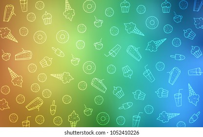 Light Blue, Yellow vector background with tasty sweets. Glitter abstract sketch with sweets, candies, desserts. Design for ad, poster, banner of cafes or restaurants.