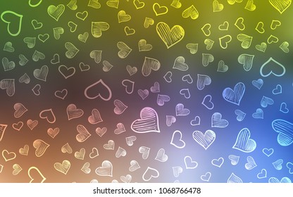 Light Blue, Yellow vector background with hearts. Blurred decorative design in doodle style with hearts. Pattern can be used for valentine's ad, booklets.