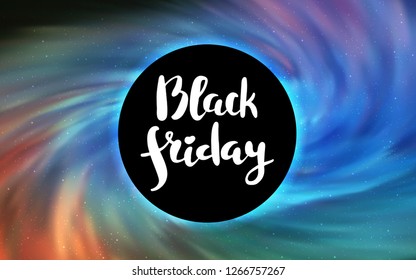 Light Blue, Yellow vector background with a black hole, sky. Colorful illustration of a black hole on a starry backdrop. Black Friday design for ads, commercials.