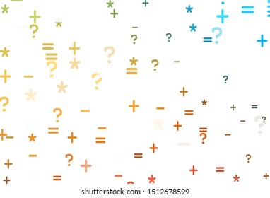 Light Blue, Yellow vector background with arithmetic signs. Colored mathematic signs with gradient on white background. Best design a poster, banner of a math college.