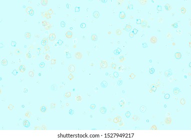 Light Blue, Yellow vector background with tasty food. Colorful decorative design of snacks in doodle style. Pattern for menu of cafes, bars, restaurants.