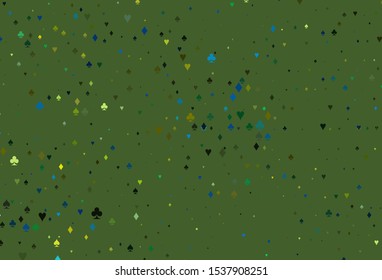 Light Blue, Yellow vector background with cards signs. Glitter abstract sketch with isolated symbols of playing cards. Design for ad, poster, banner of gambling websites.