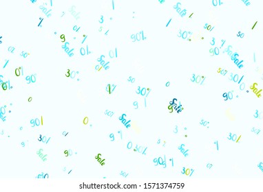 Light Blue, Yellow vector background with 30, 50, 90 % signs of sales. Colored words of sales with gradient on white background. Backdrop for mega promotions, discounts.